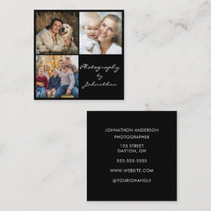Modern Black White Script 3 Photo Photography Square Business Card