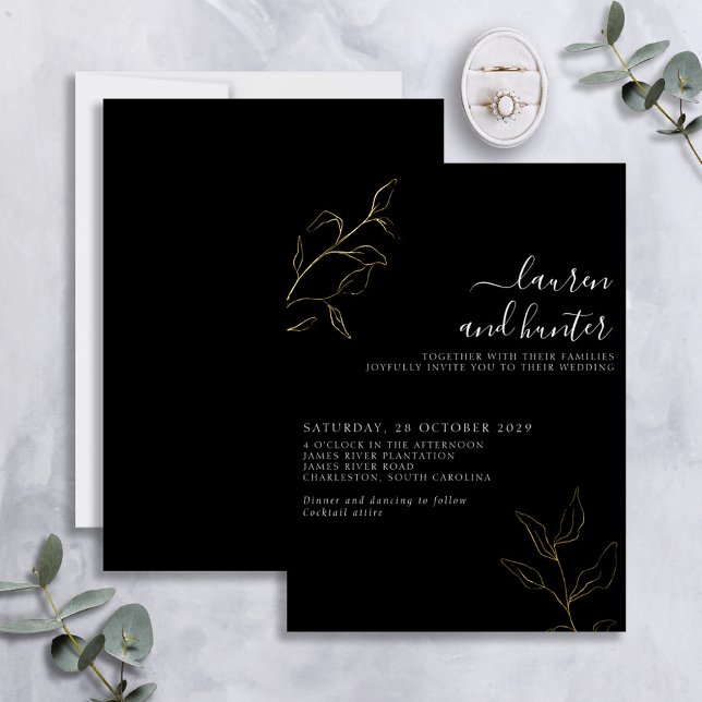 Modern Black White Script Botanical Wedding Gold (Creator Uploaded)