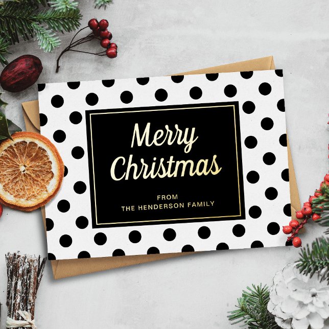 Modern Black White Script Christmas Gold (Modern Black White Polka Dots Merry Christmas Gold Foil Holiday Card)
