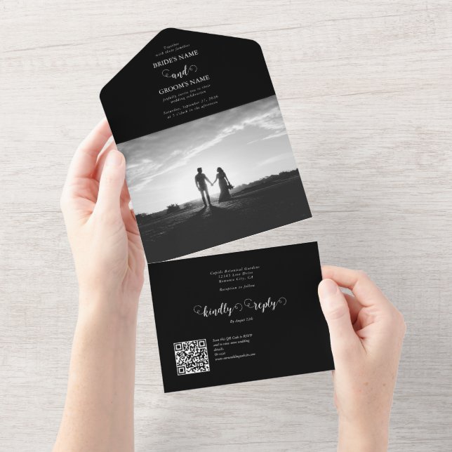 Modern Black & White Script Couple Photo Wedding All In One Invitation (Tearaway)