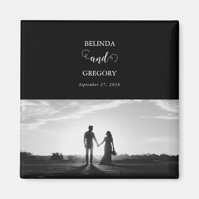 Modern Black & White Script Couple Photo Wedding  Magnet (Front)