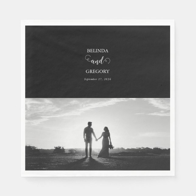 Modern Black & White Script Couple Photo Wedding Napkin (Front)
