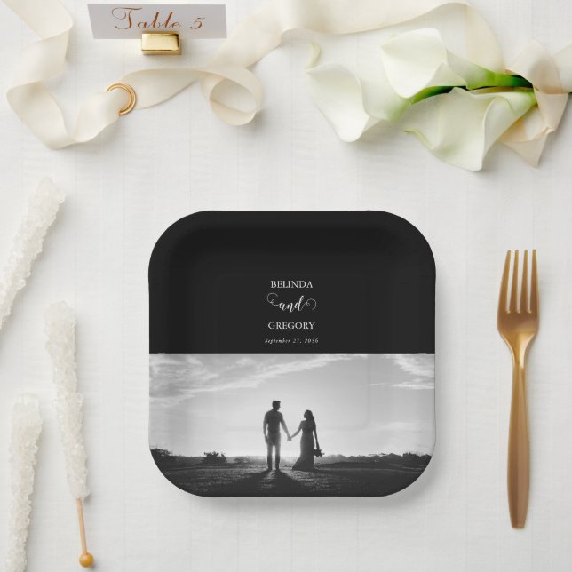 Modern Black & White Script Couple Photo Wedding Paper Plate (Wedding)