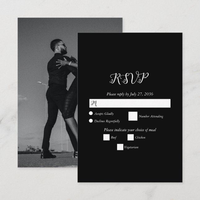 Modern Black & White Script Couple Photo Wedding RSVP Card (Front/Back)