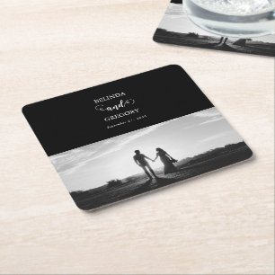 Modern Black & White Script Couple Photo Wedding Square Paper Coaster