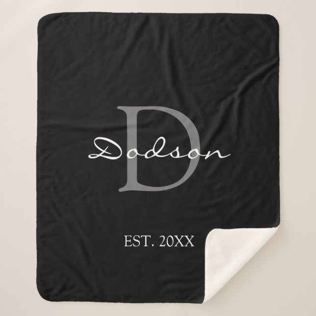 Modern Black White Script Family Monogram Name Sherpa Blanket (Front)