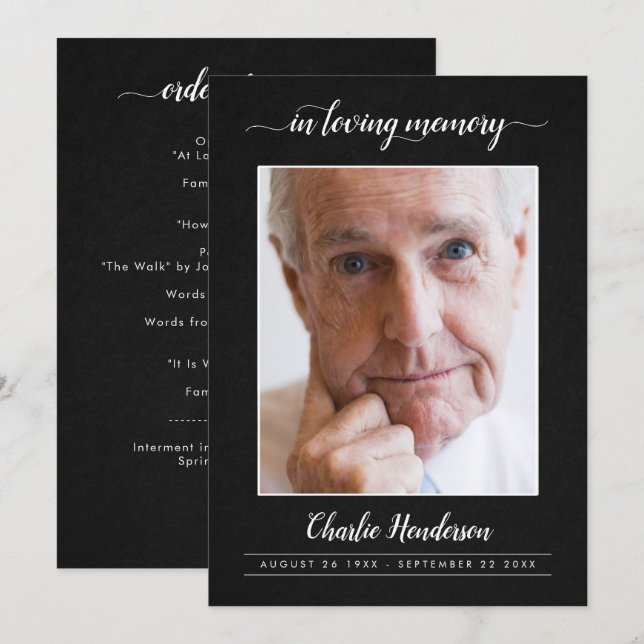 Modern Black & White Script Funeral Program Programme (Front/Back)