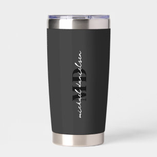 Modern Black White Script Initial Monogram Insulated Tumbler