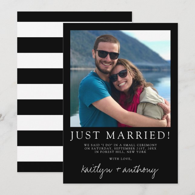 Modern Black & White Script Minimalistic Wedding Announcement (Front/Back)