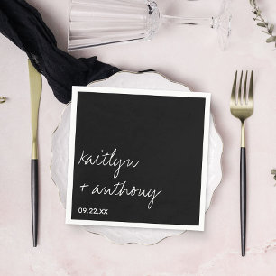 Modern Black & White Script Minimalistic Wedding Napkin