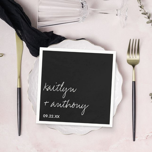 Modern Black & White Script Minimalistic Wedding Napkin (Creator Uploaded)