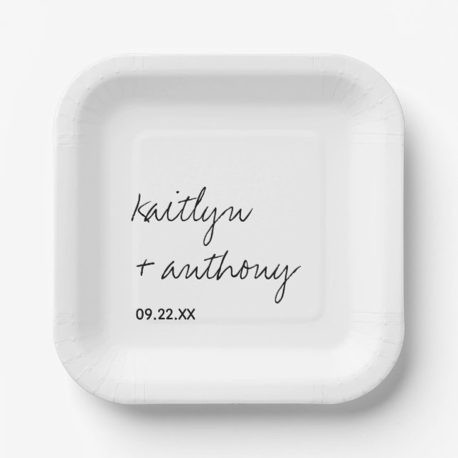 Modern Black & White Script Minimalistic Wedding Paper Plate (Front)
