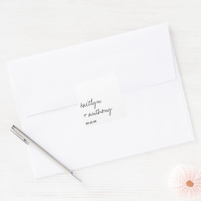 Modern Black & White Script Minimalistic Wedding Square Sticker (Envelope)