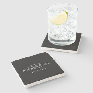 Modern Black White Script Monogram Newlyweds Stone Coaster