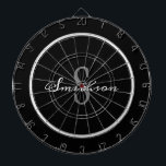 Modern Black White Script Monogram Personalised Dartboard<br><div class="desc">Entertain your family and friends with a fun game of darts at your next gathering. This design is modern black grey family monogram name and one board is black and the second board is dark grey. The big monogram initial is in bold grey lettering on the centre and name is...</div>