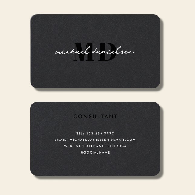 Modern Black & White Script Monogram Professional Business Card (Creator Uploaded)