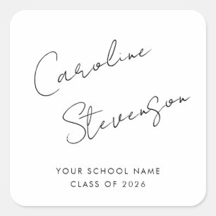 Modern Black White Script Personalised Graduation Square Sticker