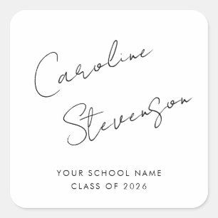 Modern Black White Script Personalized Graduation Square Sticker