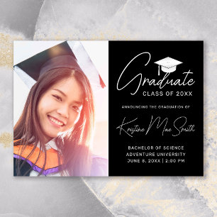 Modern Black White Script Photo College Graduation Announcement