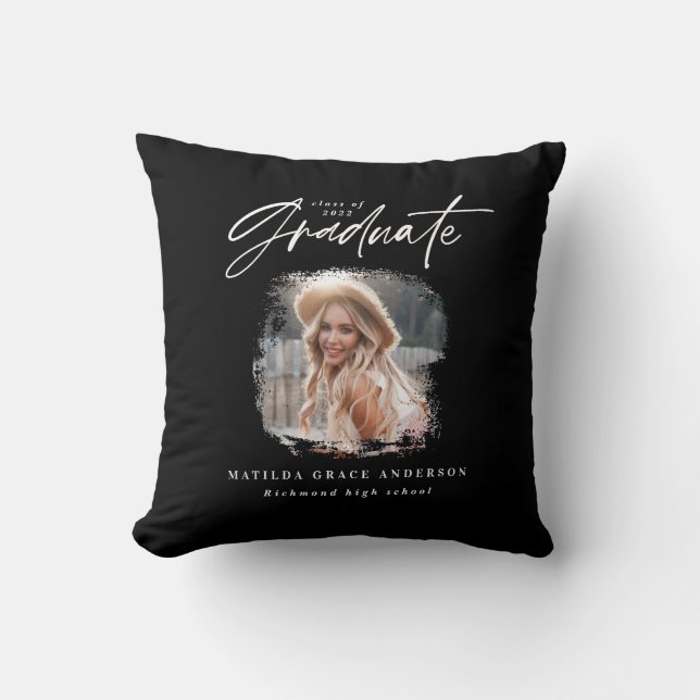 Modern black white script photo elegant graduation cushion (Front)
