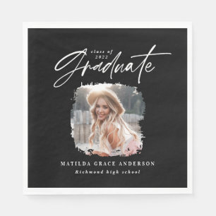 Modern black white script photo elegant graduation napkin
