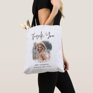Modern black white script photo elegant teacher tote bag