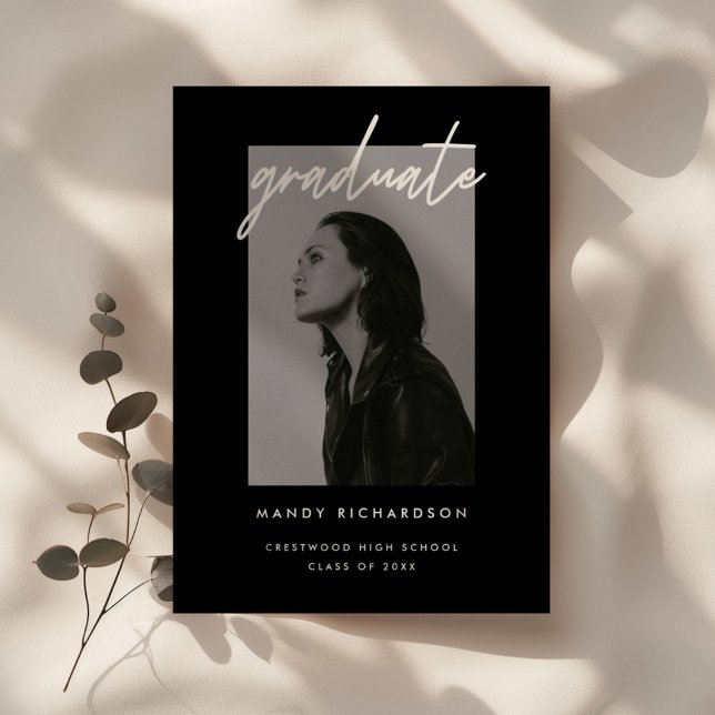 Modern Black White Script Photo Graduation Party Invitation (Creator Uploaded)