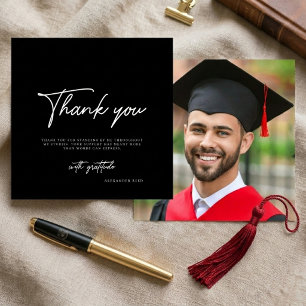 Modern Black White Script Photo Graduation Thank You Card