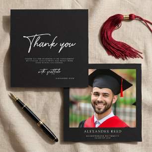 Modern Black White Script Photo Graduation Thank You Card