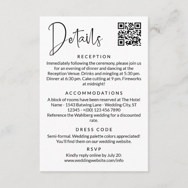 Modern Black White Script QR Code Wedding Details Enclosure Card (Front)