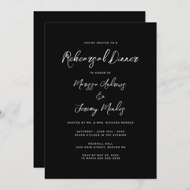   Modern Black White Script Rehearsal Dinner Invitation (Front/Back)