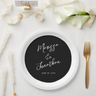 Modern Black White Script Stripe Wedding Paper Plate