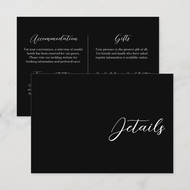 Modern Black & White Script Wedding Details Enclosure Card (Front/Back)