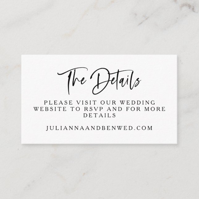 Modern Black White Script Wedding Website Details Enclosure Card (Front)