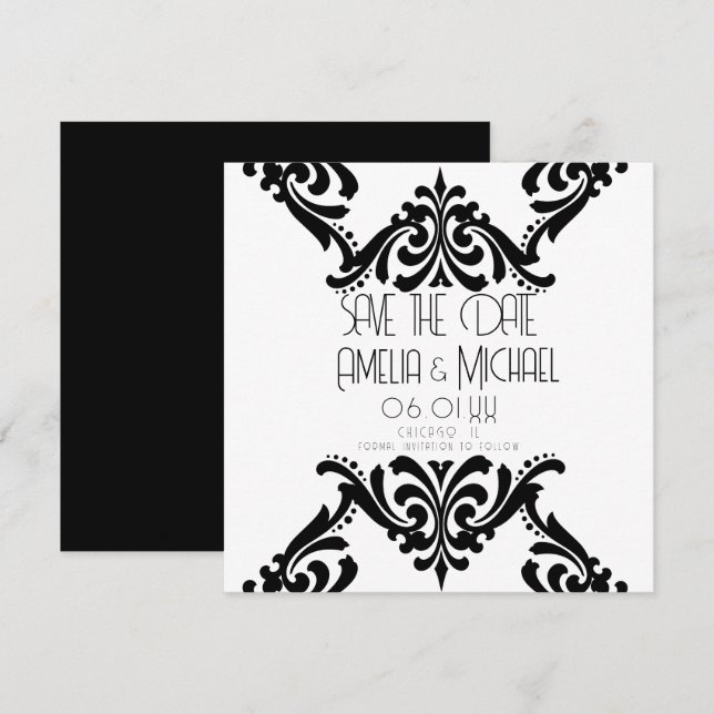 Modern Black White Scrolls Save the Date Card (Front/Back)