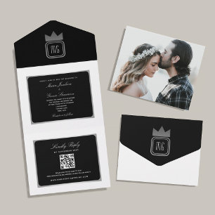 Modern Black White Silver Monogram Photo Wedding All In One Invitation