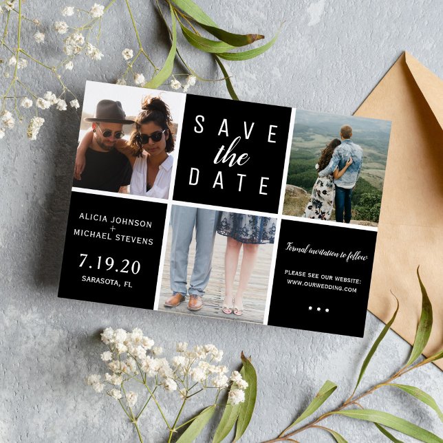 Modern black white simple 3 photo collage wedding save the date (Creator Uploaded)