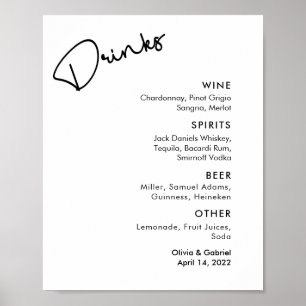 Modern Black white Simple formal wedding bar menu Poster
