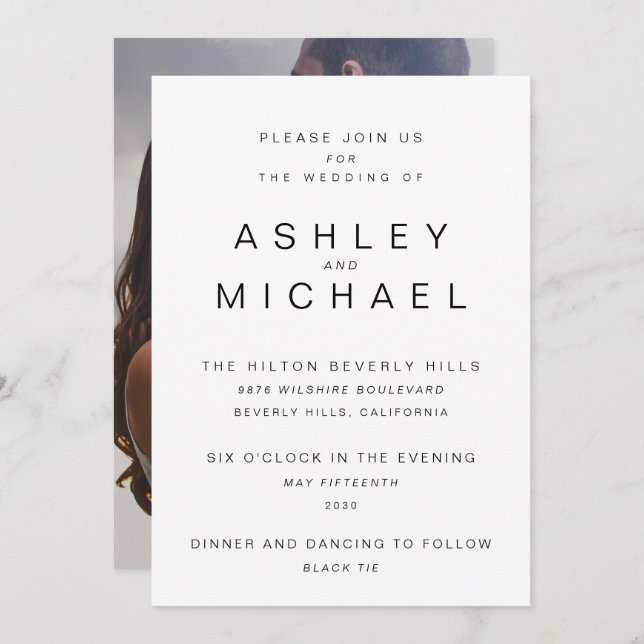 MODERN BLACK & WHITE Simple Photo Wedding Invitation (Front/Back)