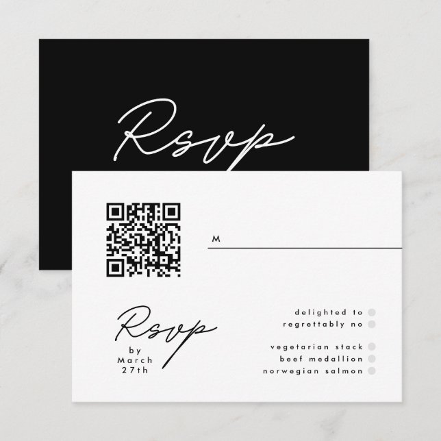 Modern Black & White Simple QR Wedding RSVP Card (Front/Back)