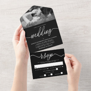 Modern Black & White Simple Script Wedding All In One Invitation