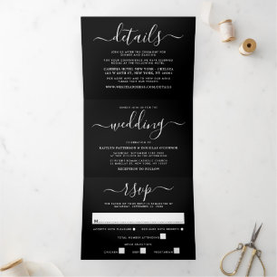 Modern Black & White Simple Script Wedding Suite Tri-Fold Invitation