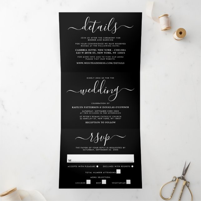 Modern Black & White Simple Script Wedding Suite Tri-Fold Invitation (Inside)
