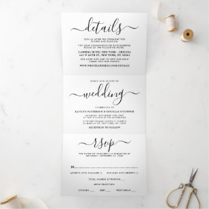 Modern Black & White Simple Script Wedding Suite Tri-Fold Invitation