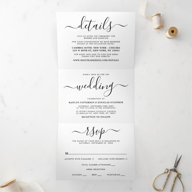 Modern Black & White Simple Script Wedding Suite Tri-Fold Invitation (Inside)