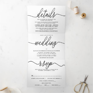Modern Black & White Simple Script Wedding Suite Tri-Fold Invitation