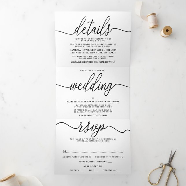 Modern Black & White Simple Script Wedding Suite Tri-Fold Invitation (Inside)