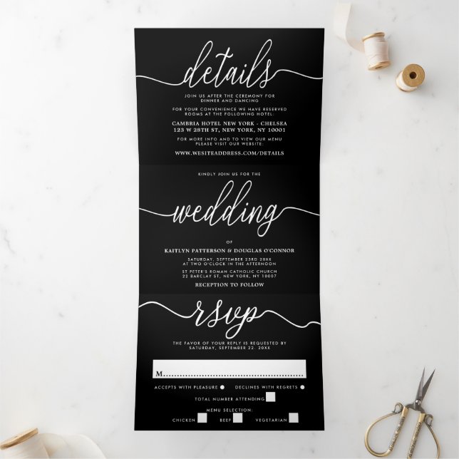Modern Black & White Simple Script Wedding Suite Tri-Fold Invitation (Inside)