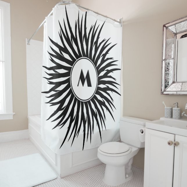 Modern Black White Spiral Monogram Personalise Shower Curtain (In Situ)