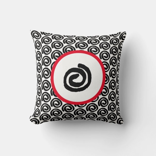 Modern Black White Spiral with Red Throw Pillow (Front)